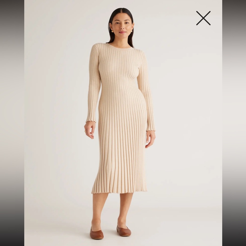 Quince Cotton Cashmere Ribbed Long Sleeve Crew Midi Dress